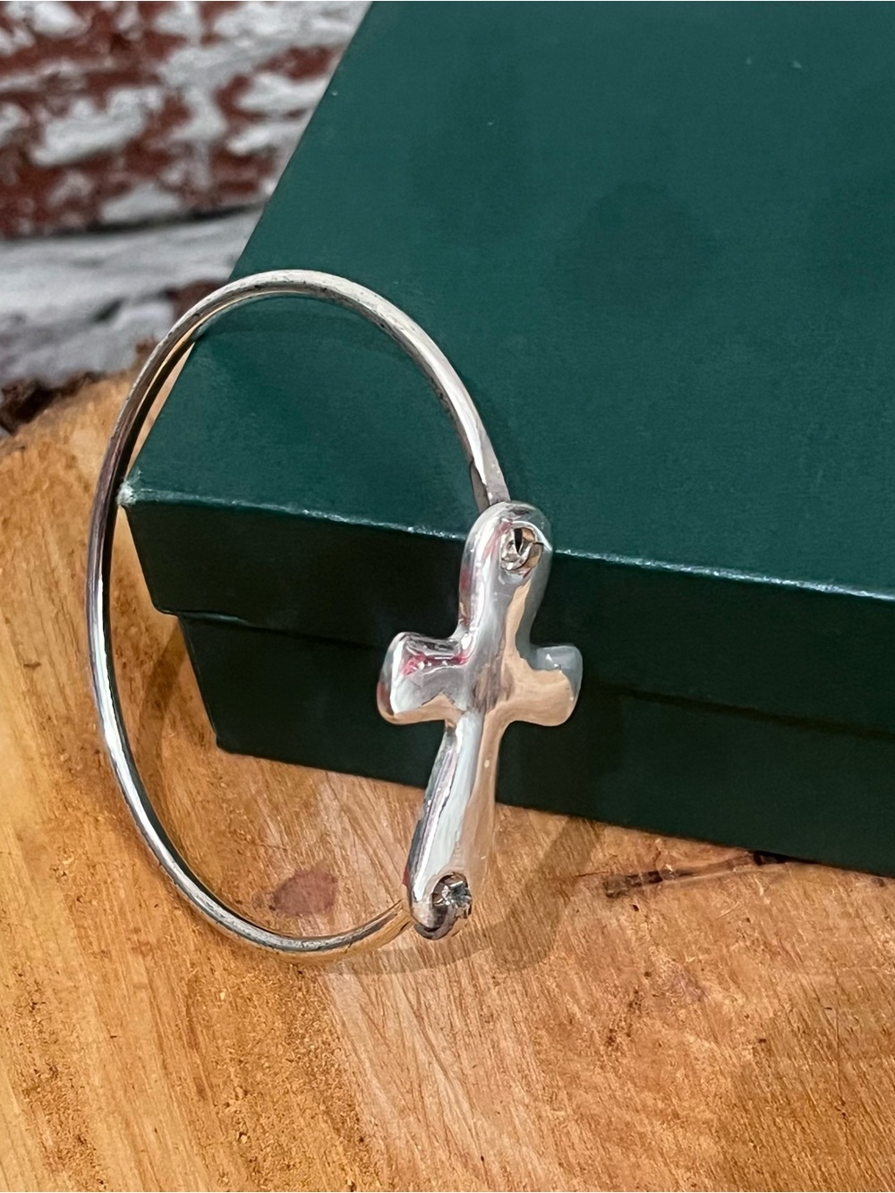Silver Bracelet Sideways Cross Bangle Curved Faith Religious Jewelry